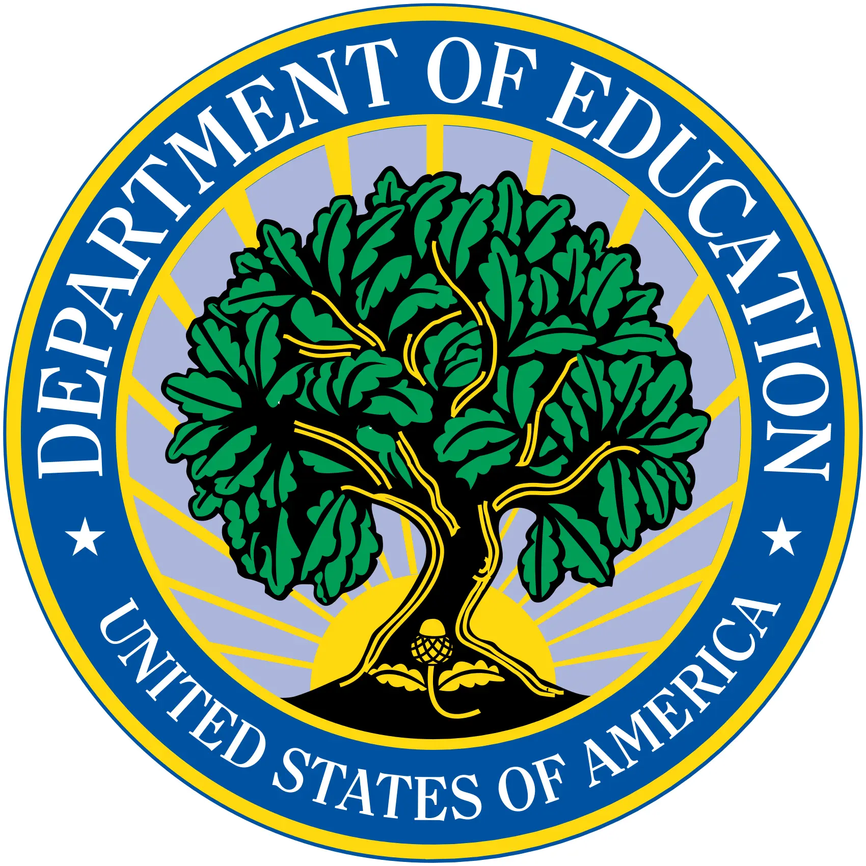 US Department of Education logo with a blue seal with a tree growing inside of it.