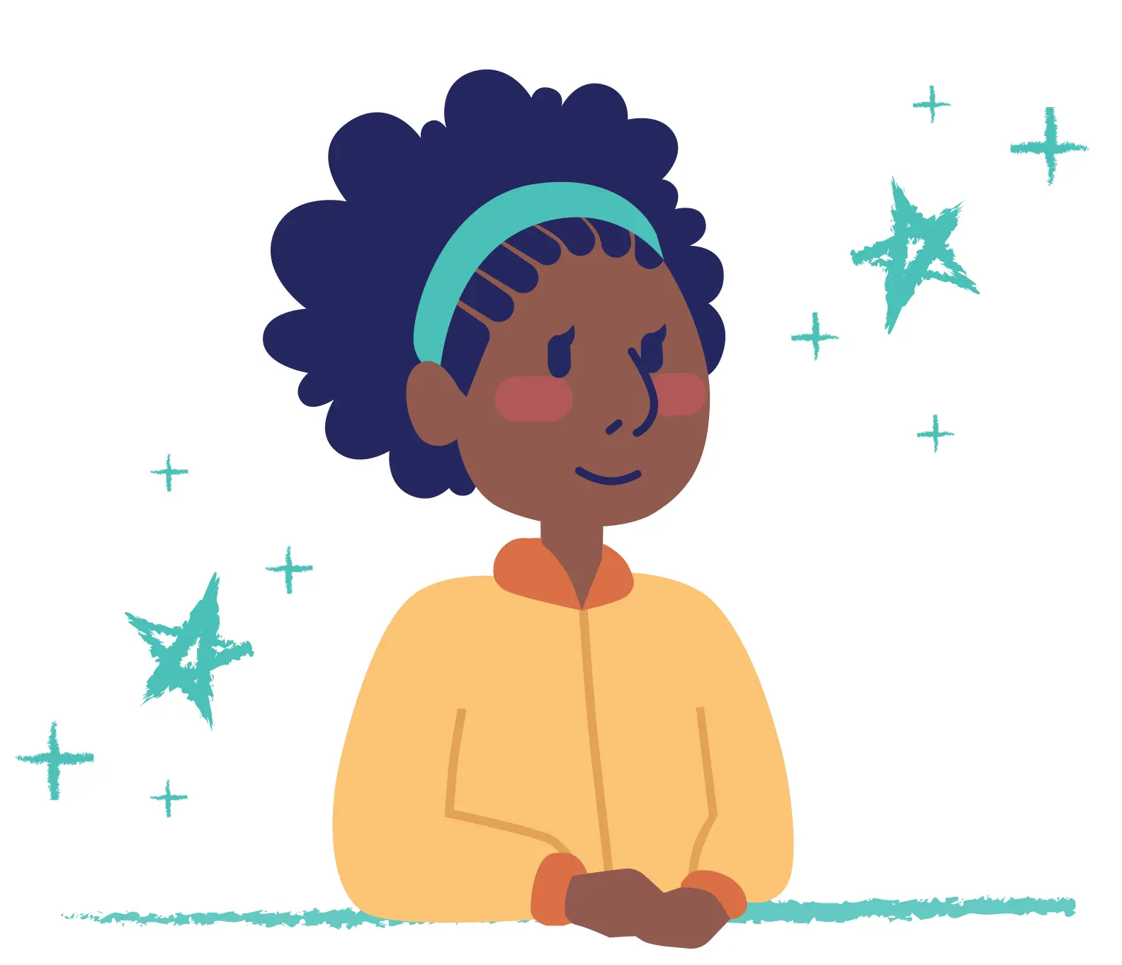 An illustration of a Black female student sitting at her desk in school, listening. She is wearing a green headband and yellow jacket. There are green chalk stars drawn around her.