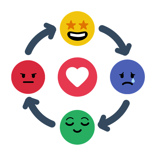 a cycle of student emotions in colorful emoji form ranging from excited to sad to calm to angry