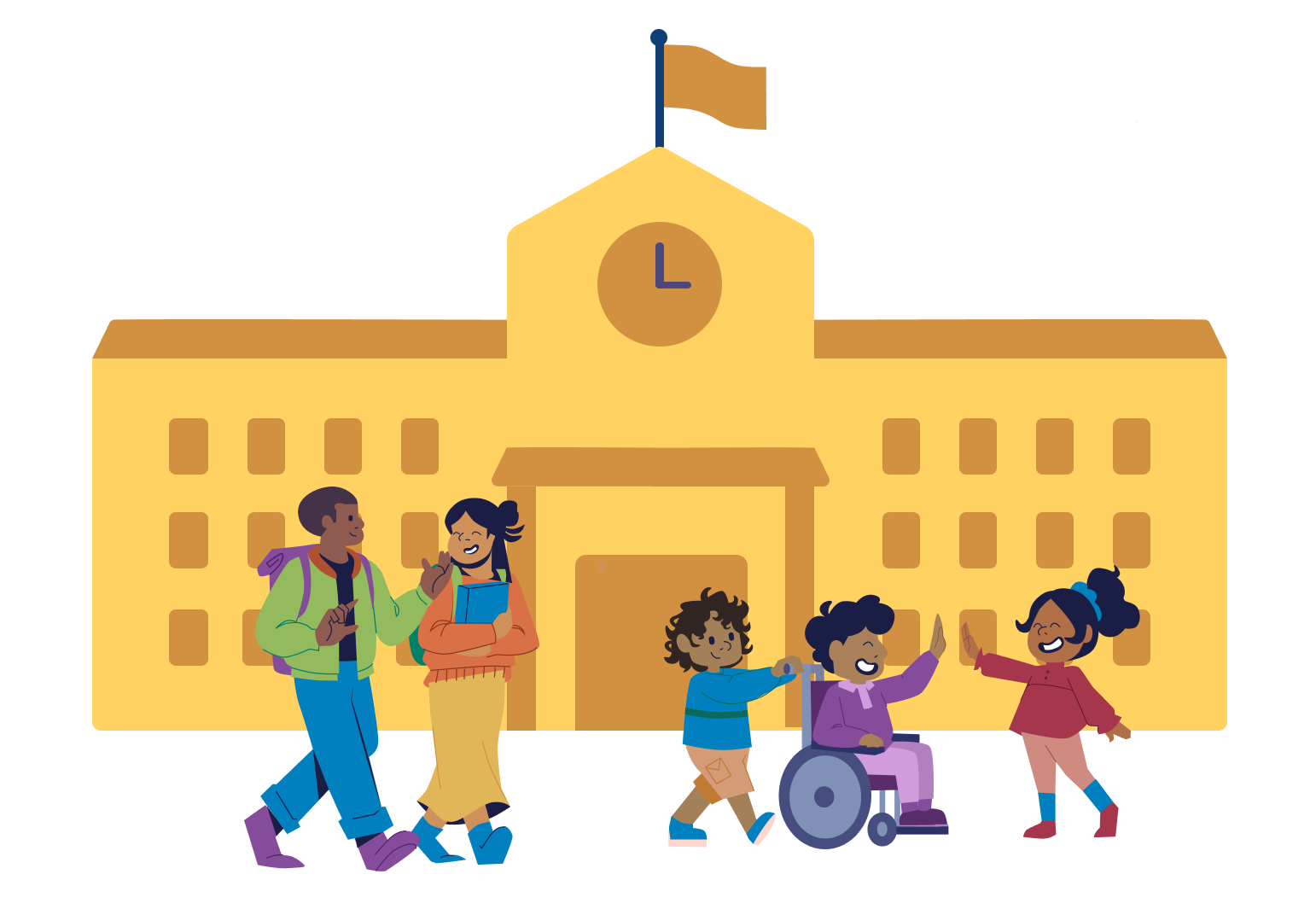 Community Schools & Attendance Icon. Illustration of students in front of a school building