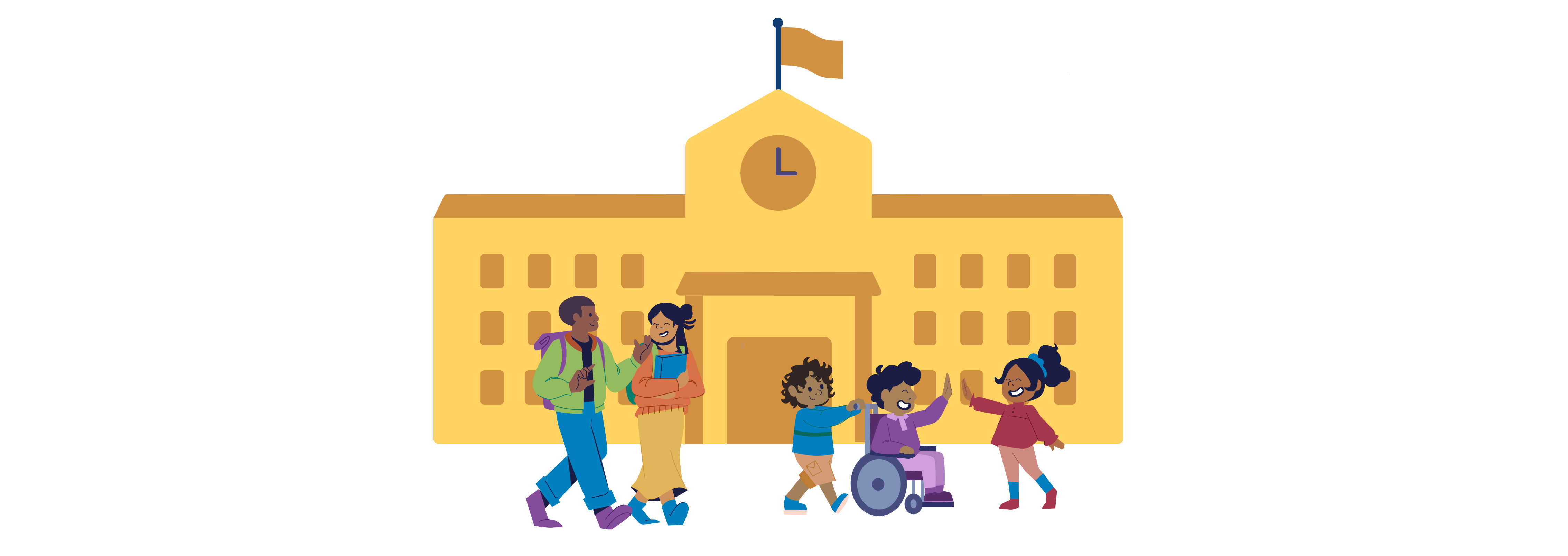 Illustration of a school with students in front to illustrate improved attendance.