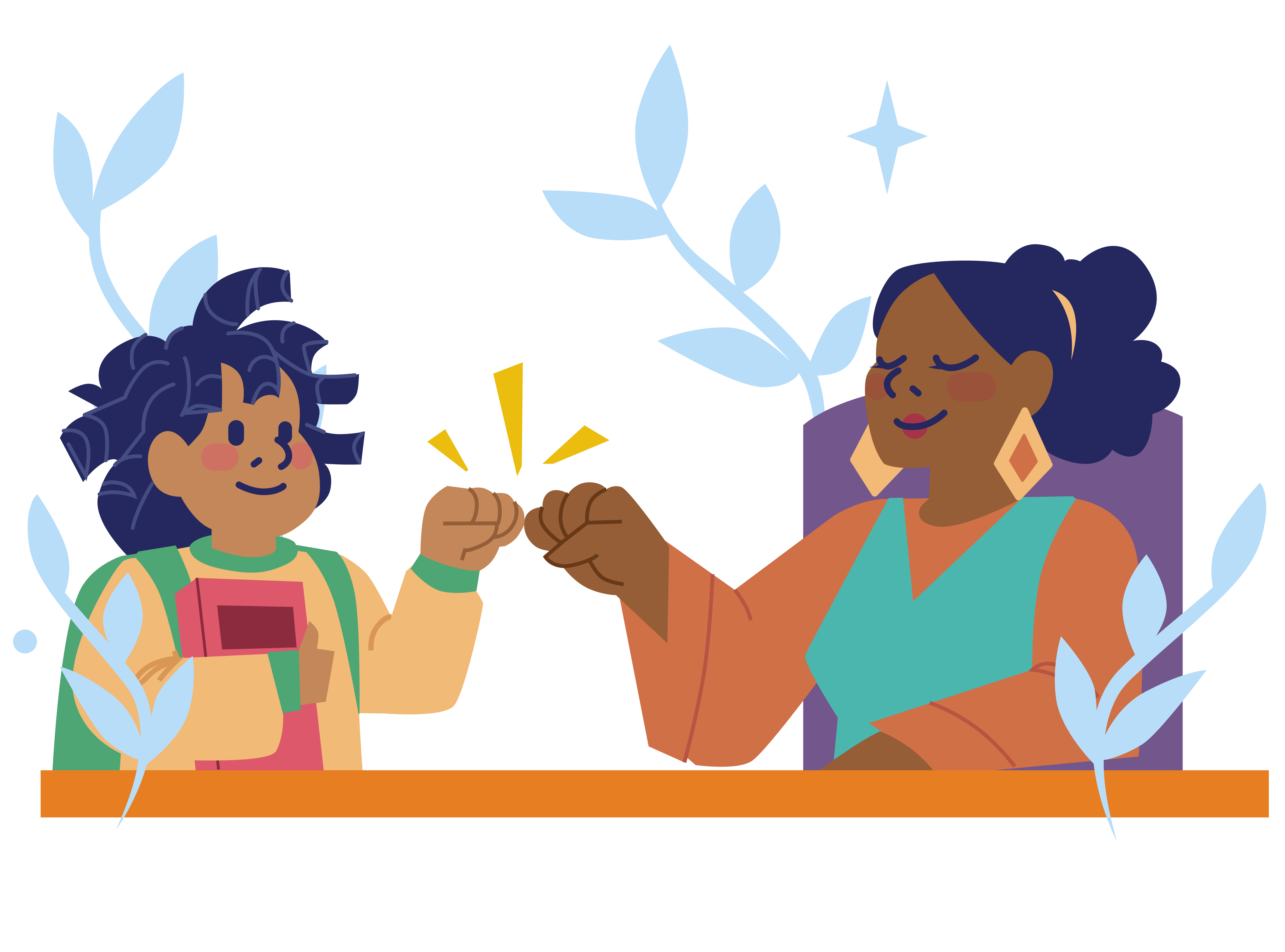 A student and teacher connect at a school desk, giving each other a fist bump. Plant & flower flourishes surround them