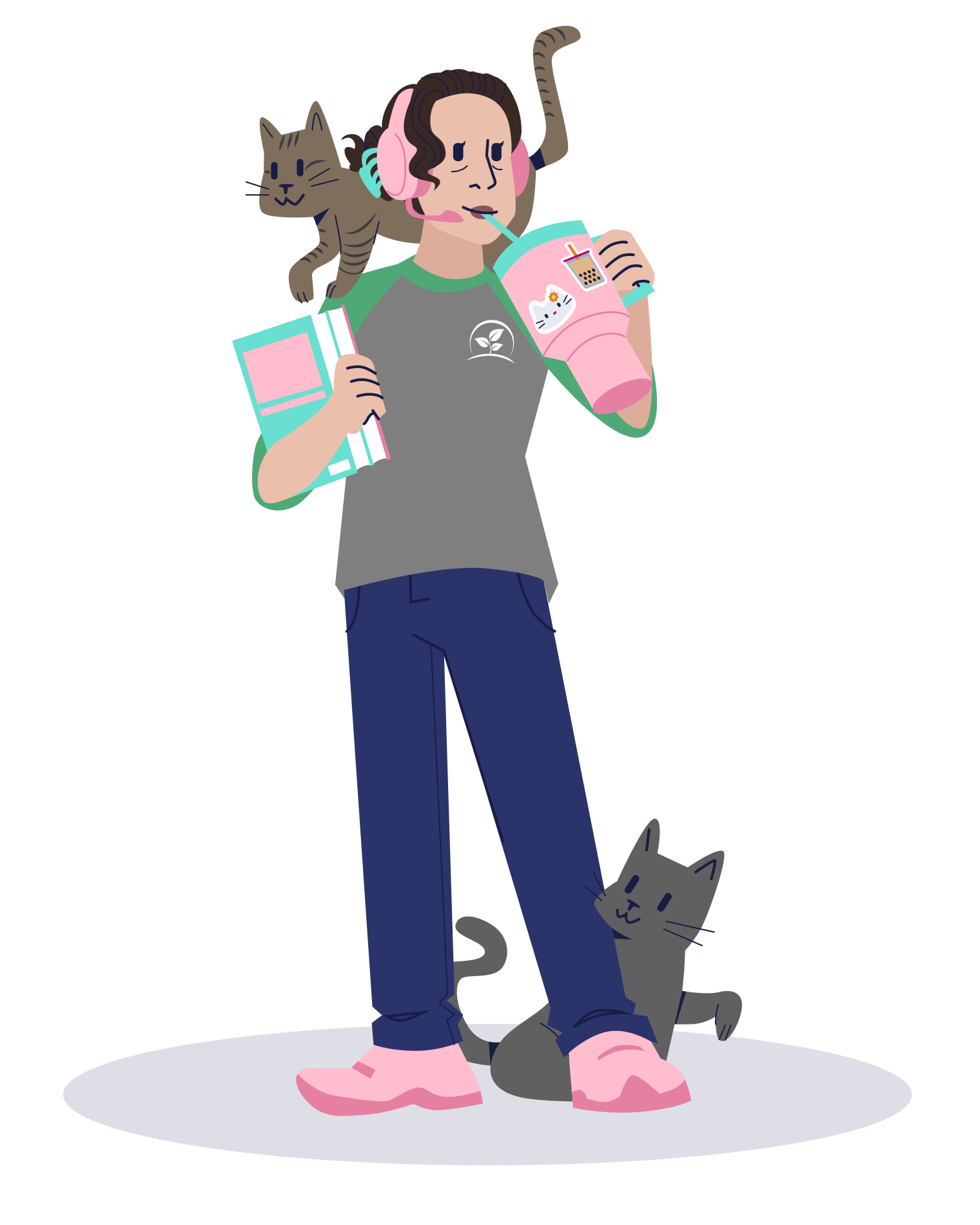 A STG team bitmoji of Laurie DeWalt. Laurie had her brown curly hair tucked behind chunky headphones with an ear piece. She sips from her pink Stanley cup and holds a matching journal. Two grey cats curl around her feet and neck. She wears a green Sown To Grow baseball tee