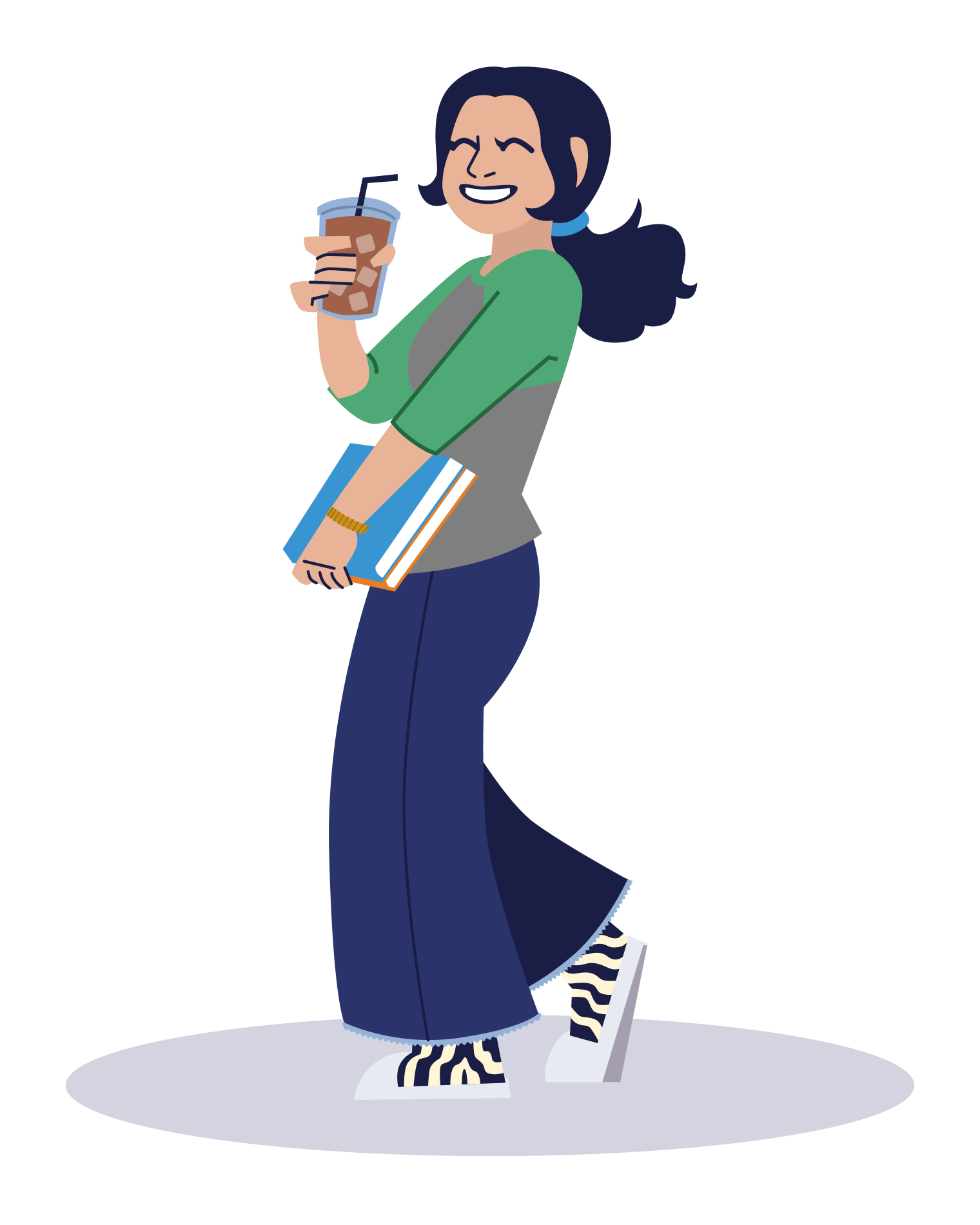 STG Team bitmoji of Alina Joharjian. Alina wears her dark curl hair back in a low ponytail. She smiles with a glass of iced coffee in her hand and holds two books in her other hand. She is wearing a green Sown To Grow baseball tee.