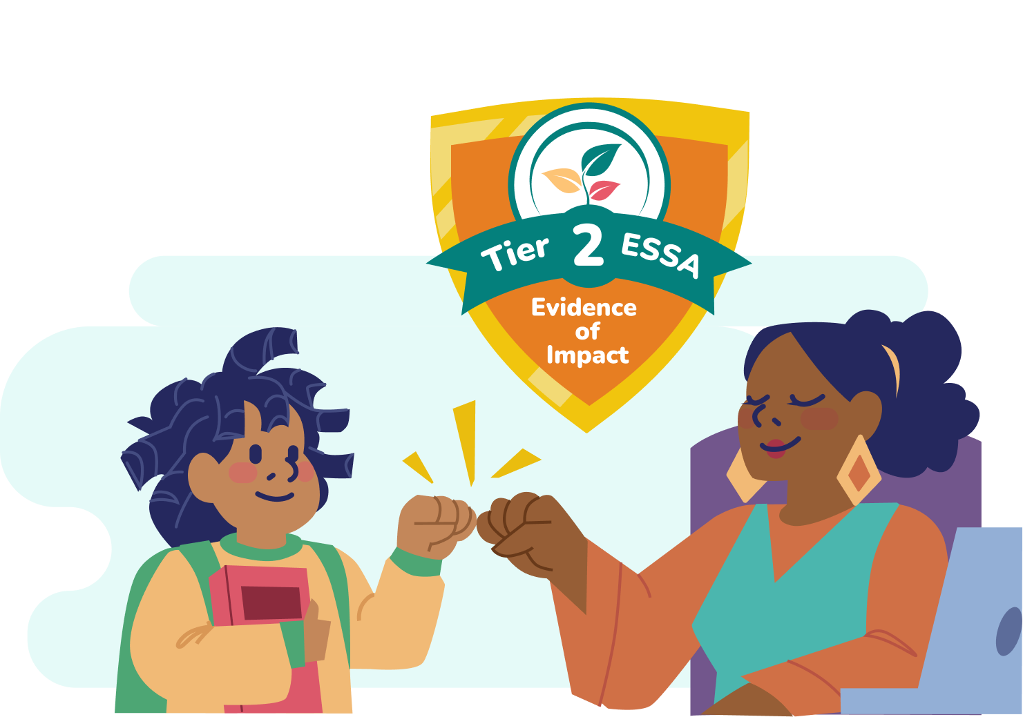 Student and teacher first bumping with smiles. A badge showing ESSA Tier 2 level research hangs in the air above them