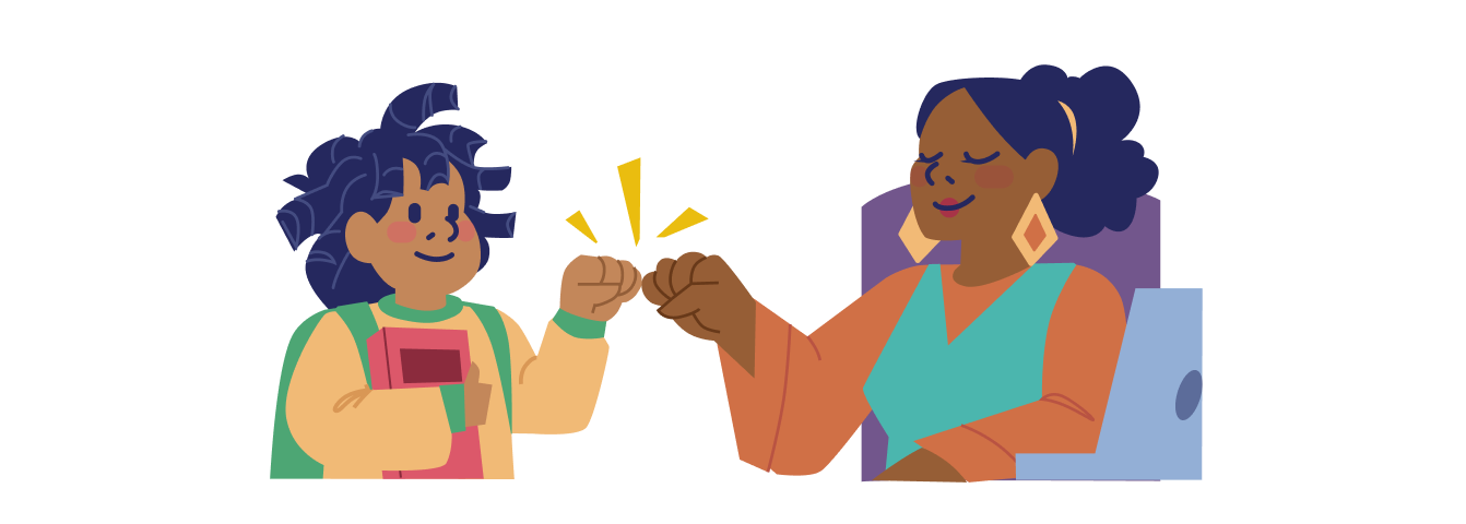 Teacher and student fist-bumping with content smiles because the student did a good job