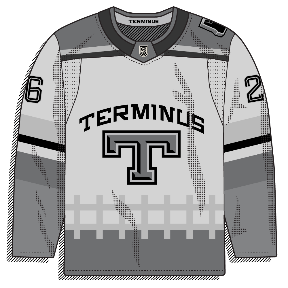 Clean light-grey sweater with a collegiate blackletter "T" and arched "TERMINUS" wordmark, finished with a railroad-track hem stripe. Classic and understated.