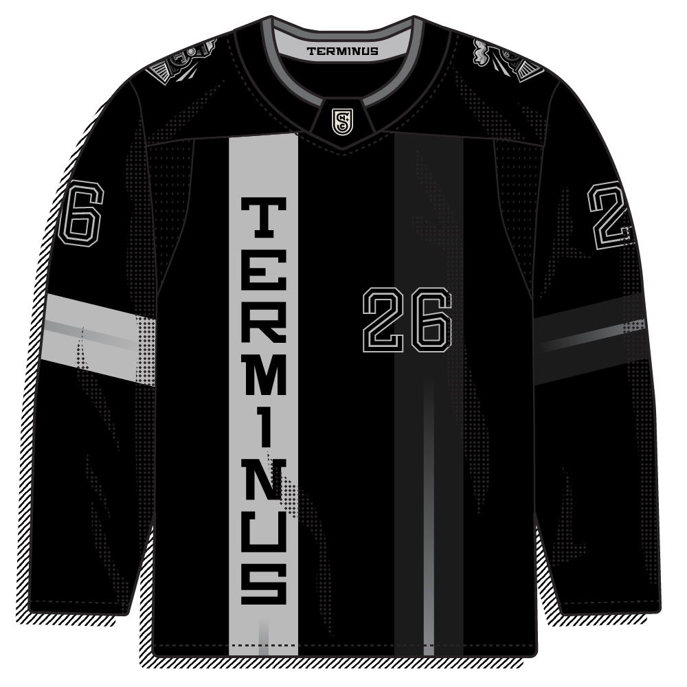 Minimal, modern monochrome look: all black with a single vertical white panel running "TERMINUS" down the chest. Tonal and stripped-down, no mascot, very contemporary.
