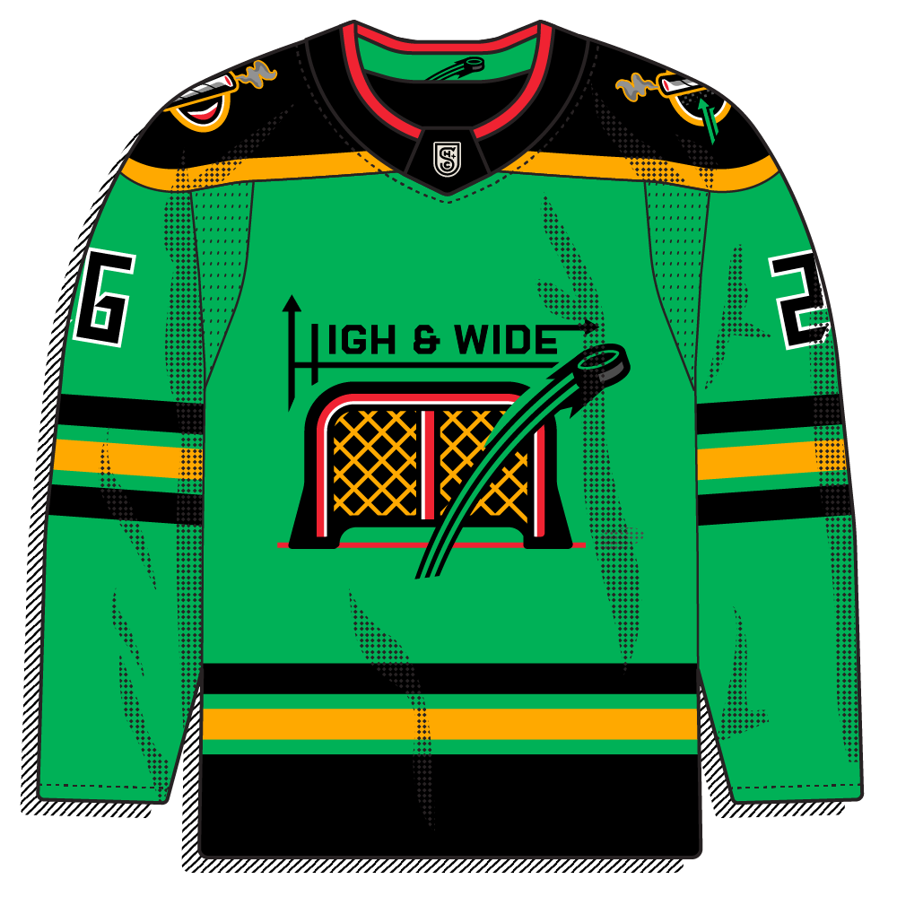 Green sweater with gold and black stripes and an illustrated hockey-net-and-stick graphic under a "HIGH & WIDE" wordmark. Bolder color play on a more conventional layout.