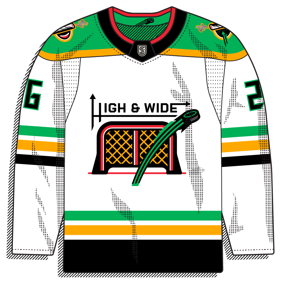 White road version of the same concept with green and gold stripes and the net graphic. Cleaner than the home but still color-forward.