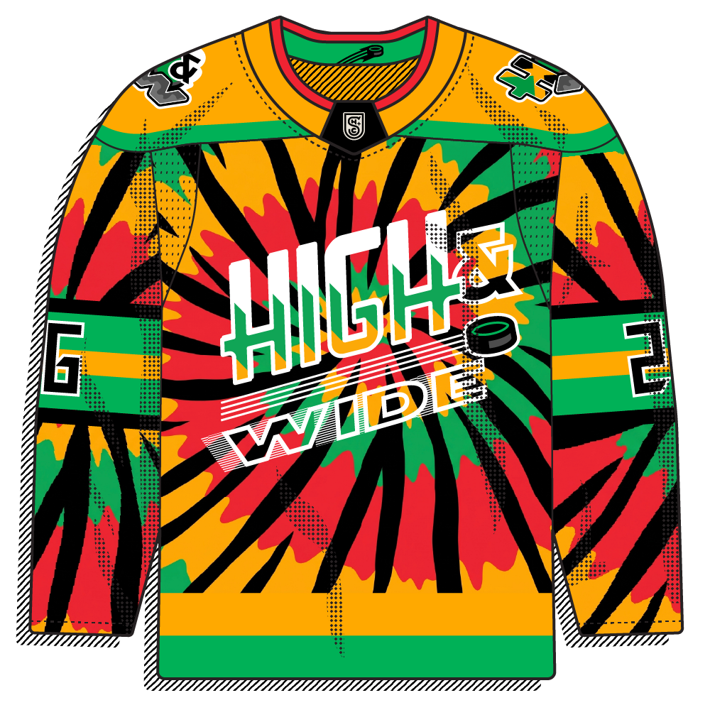 Loud tie-dye burst in green, orange, yellow, and black with a layered "HIGH & WIDE" wordmark. Maximal and experimental, about as out-there as it gets.