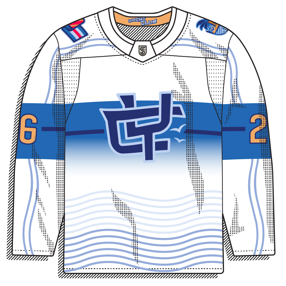 White road version with a soft blue wave-fade at the hem and a "YC" monogram. Clean and minimal with a subtle nautical touch.