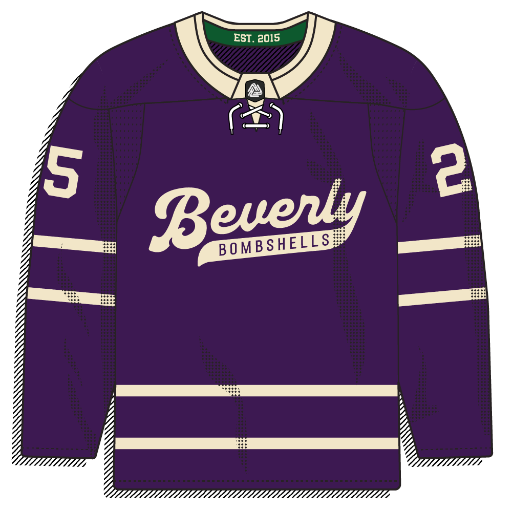 Classic purple sweater with a cream "Beverly Bombshells" script and cream stripes. Traditional vintage look.