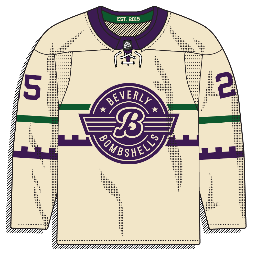 Cream road version with a circular winged-"B" Bombshells crest and purple and green accents. Military/aviation-inspired, classic framing.