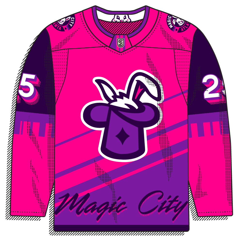 Vibrant magenta and purple sweater with an illustrated top-hat-and-rabbit-ears crest and a "Magic City" script. Bold, modern, high-saturation palette.