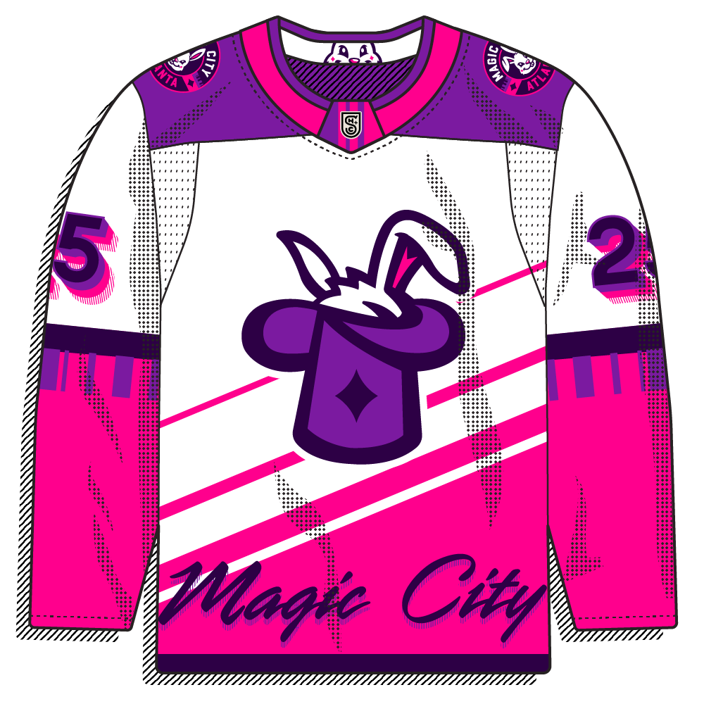 White road version with magenta and purple yoke and hem, the top-hat crest, and the "Magic City" script. Still vivid but more grounded by the white base.