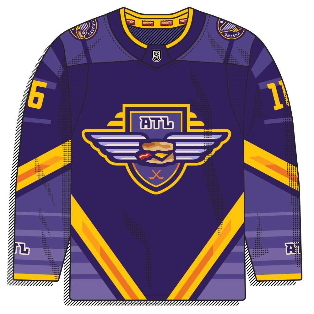 Purple body with gold chevron striping and a winged-biscuit "ATL" crest. Bold and color-forward with a quirky illustrated logo.