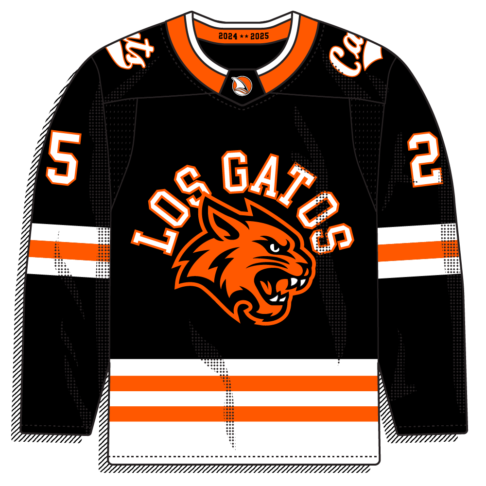 Classic athletic look: black body with orange and white stripes, a "LOS GATOS" wordmark, and an illustrated wildcat head. Traditional template, standard sports palette.