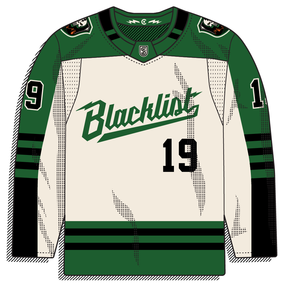 Cream sweater with green and black detailing, a green "Blacklist" script, and a large number. Clean retro script style.