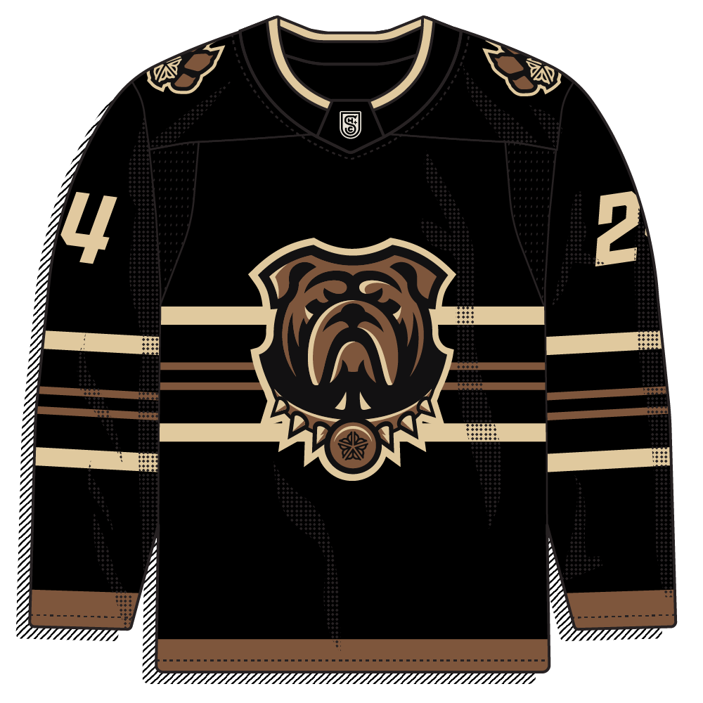 Classic black sweater with tan and brown striping and a detailed illustrated bulldog crest. Traditional layout, mascot-driven, warm earthy palette.