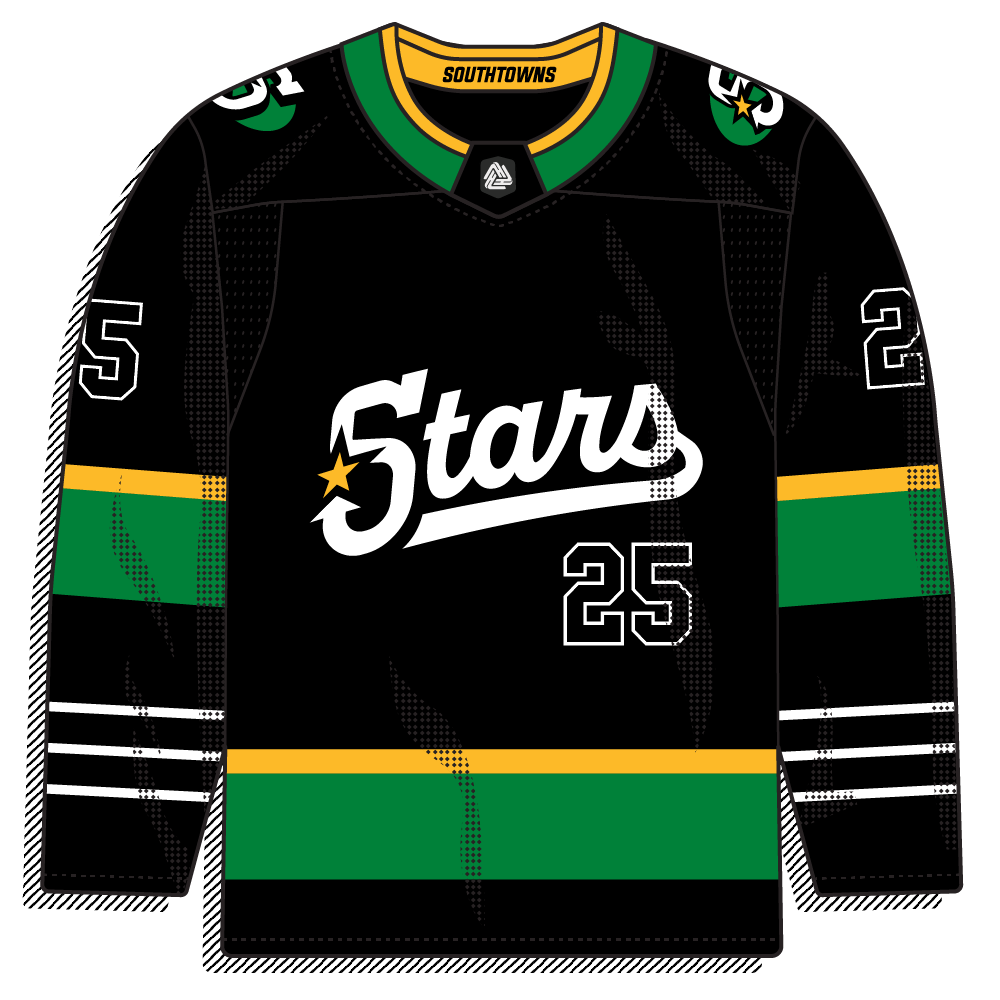 Classic black template with green and gold stripes, built off a throwback Dallas Stars look. Front carries a clean retro script "Stars" wordmark with a star accent rather than a logo.