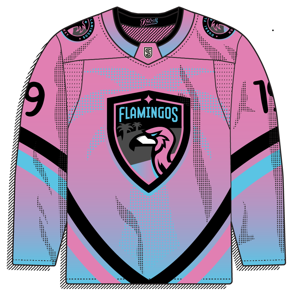Modern pink-to-blue gradient body with a black chevron stripe and a shield crest featuring a flamingo. Contemporary and gradient-heavy, distinctive palette.