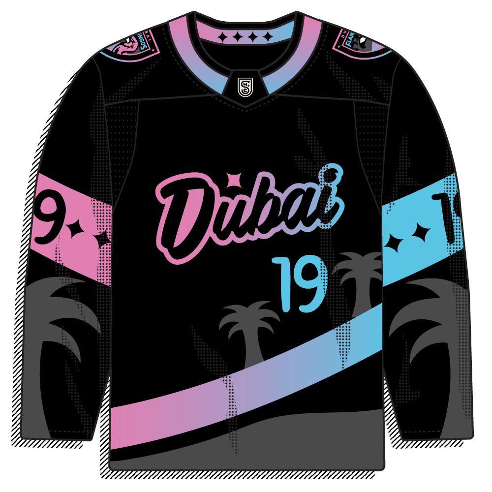 Black sweater with a pink and blue diagonal sash, palm-tree silhouettes, and a "Dubai" script. Modern and themed with a tropical color story.