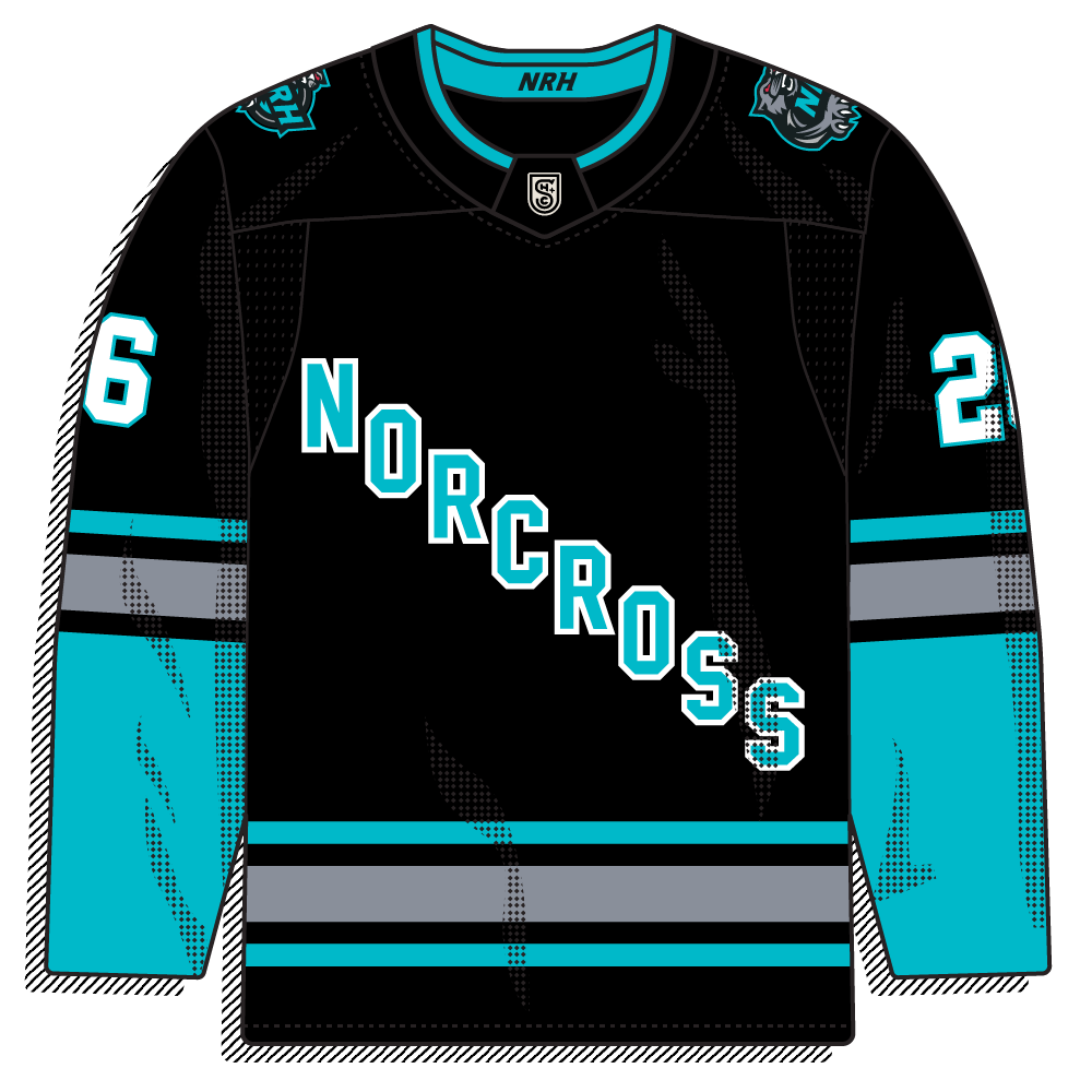 Black sweater with cyan and grey trim and a diagonal cyan "NORCROSS" wordmark. Classic vintage script template in a punchier color scheme.