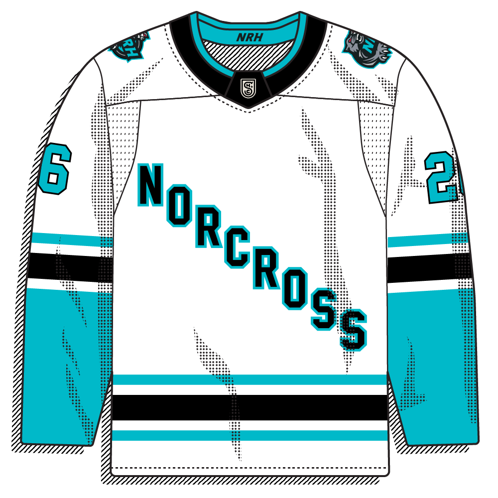 White road version with cyan and black trim and the diagonal "NORCROSS" script. Clean retro look reminiscent of old Islanders styling.