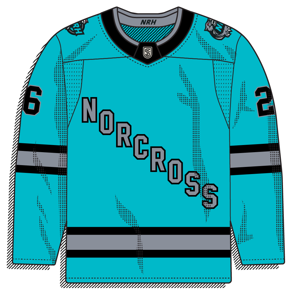 Retro light-blue sweater with grey and black stripes and a diagonal arched "NORCROSS" wordmark. Throwback script style, no mascot.