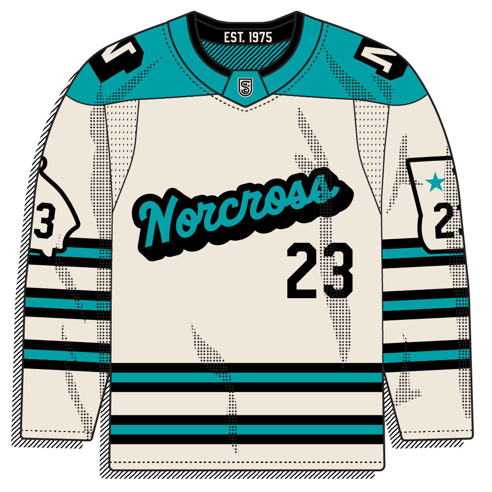 Throwback cream sweater with teal and black stripes, a "Norcross" script, and a large number. Vintage Winter Classic aesthetic, simple and nostalgic.