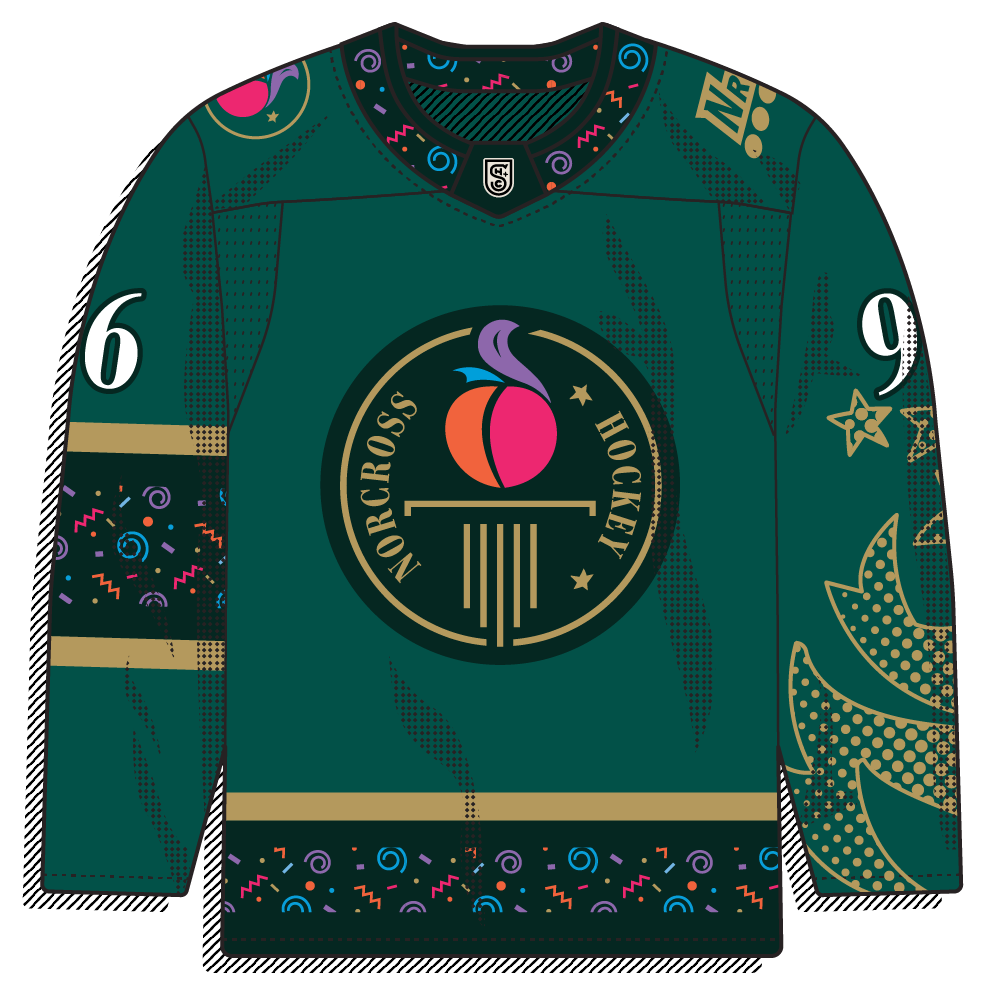Special-edition dark green sweater with a circular "NORCROSS HOCKEY" crest featuring a peach and torch, gold stripes, and an Atlanta-'96-style confetti/quilt pattern. Nostalgic and detailed.