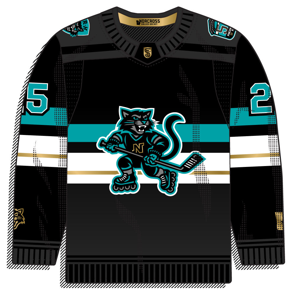 Special-edition black sweater with teal, white, and gold striping and an illustrated wildcat mascot on skates. Celebratory and detailed, mascot-forward.