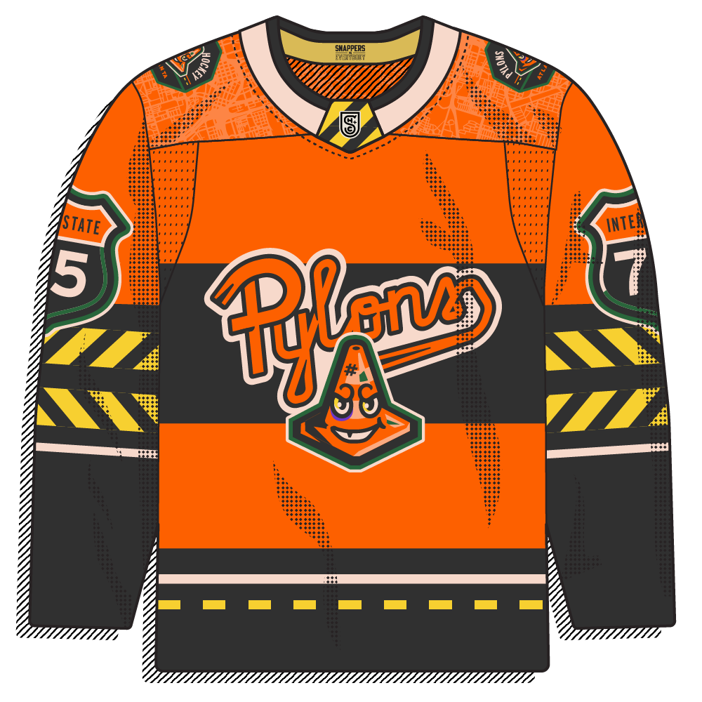 Orange and black construction theme anchored by a grinning traffic-cone mascot and a "Pylons" script, with interstate-shield numbers and caution-tape accents. Bold and thematic.