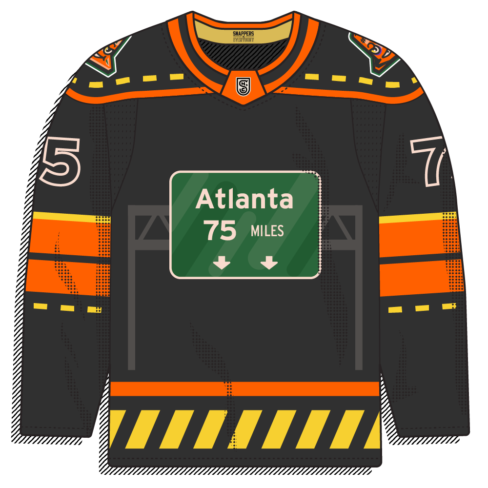 Novelty highway-construction theme: black body with orange trim, a green "Atlanta 75 MILES" road sign graphic, and yellow-and-black caution striping at the hem. Very experimental and concept-driven.