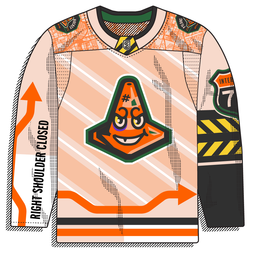 Peach/cream road version carrying the same cone mascot plus diagonal "RIGHT SHOULDER CLOSED" text and detour-arrow graphics. Heavily illustrated and tongue-in-cheek.