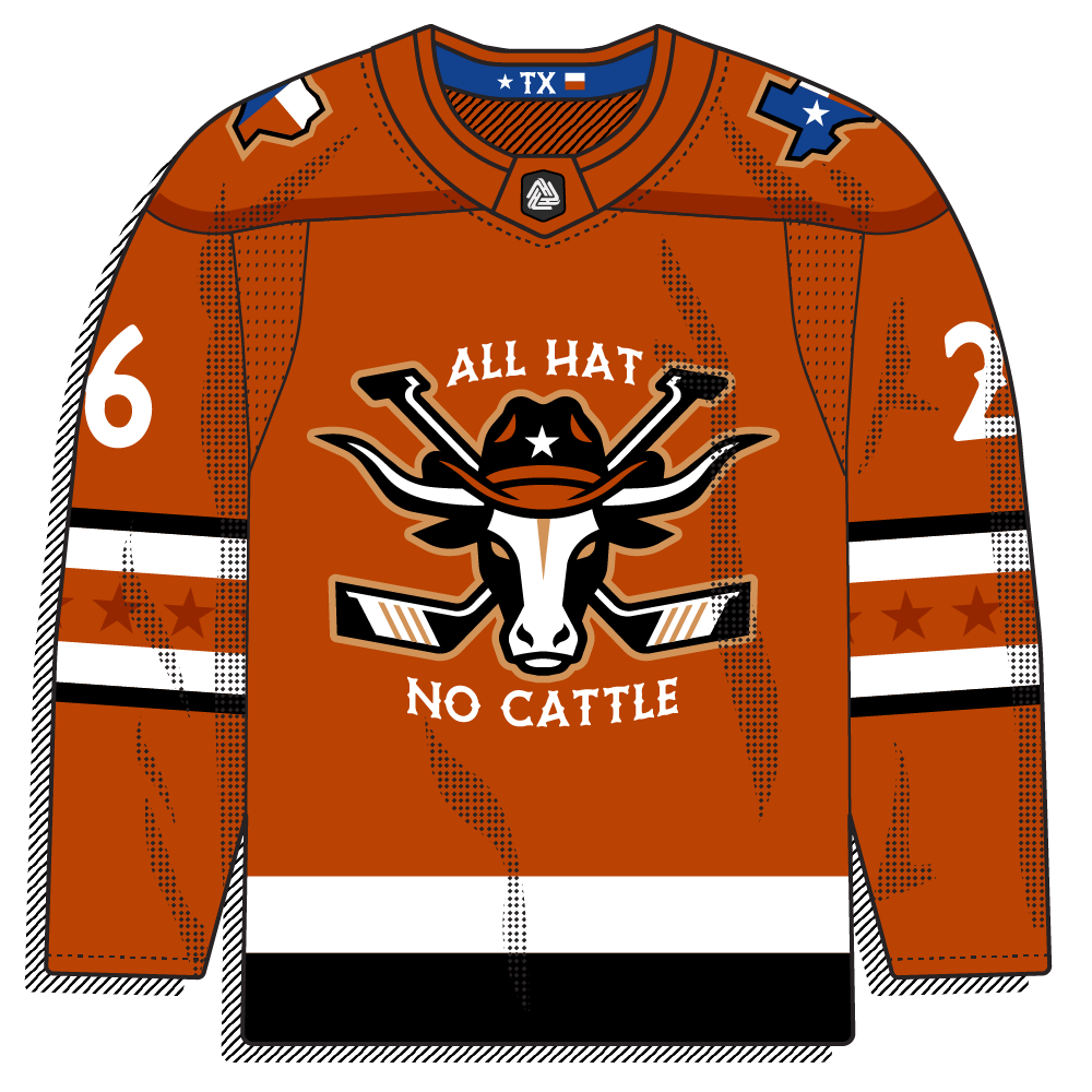 Burnt-orange Texas-themed sweater with a lone-star sleeve patch and a TX flag collar tab. Front crest is an illustrated longhorn steer in a cowboy hat over crossed sticks with "ALL HAT" / "NO CATTLE" arched around it; classic mascot styling on a bold base.