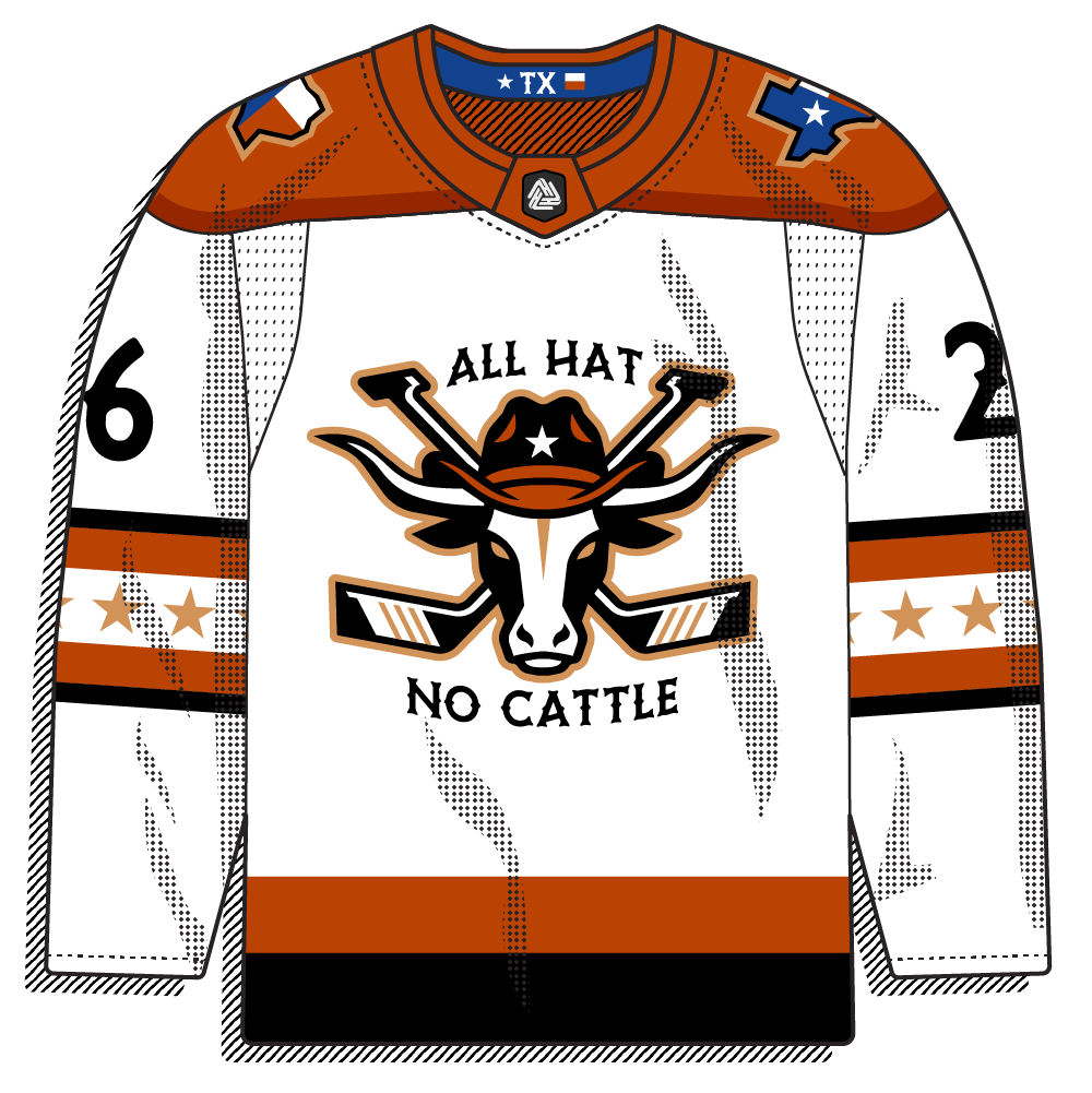 White road version of the Texas longhorn design with orange and black striping and star details. Same illustrated steer crest, lighter base.