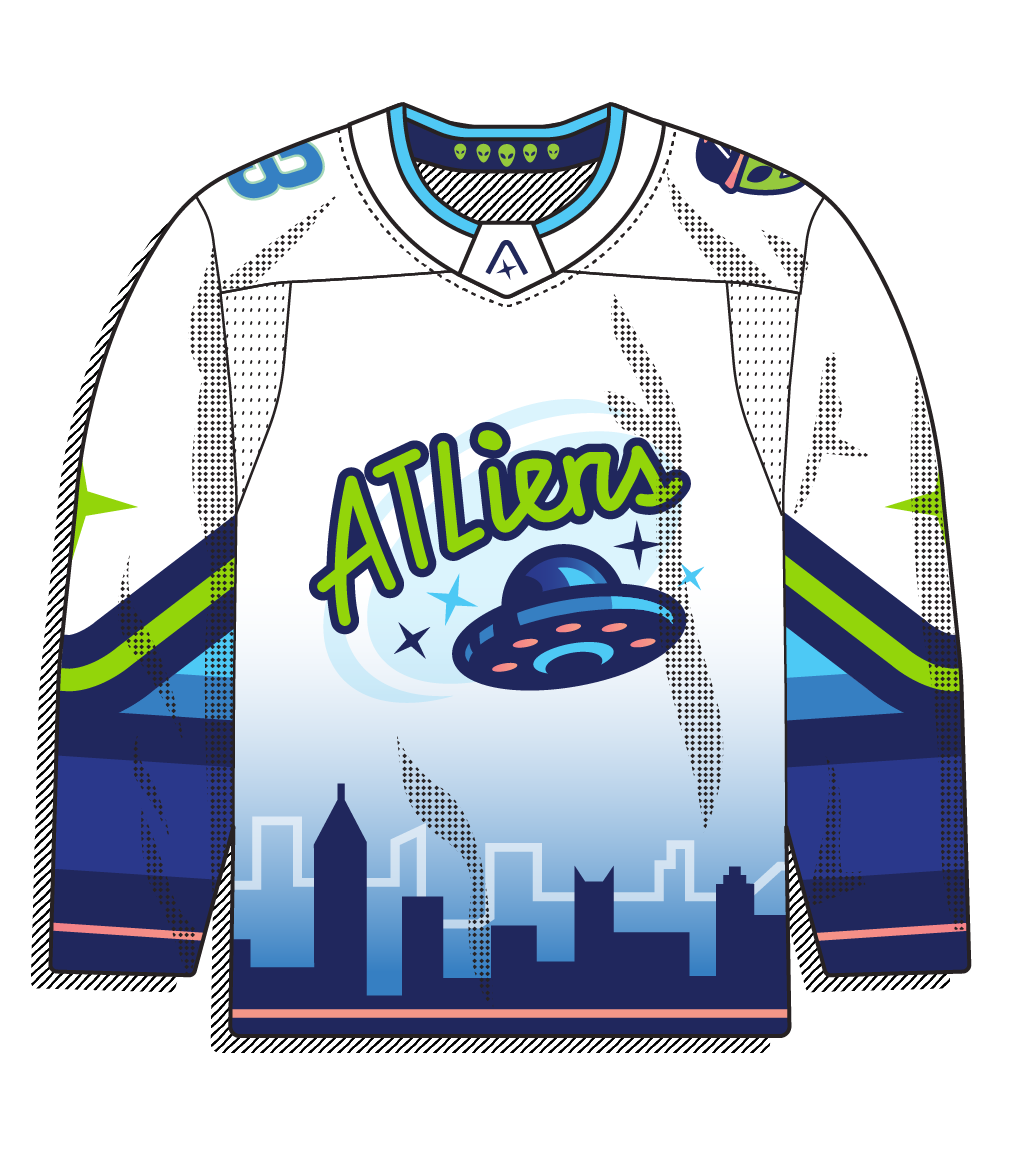 White road version with a blue gradient skyline hem and the same UFO and graffiti wordmark. Same loud concept, lighter base.