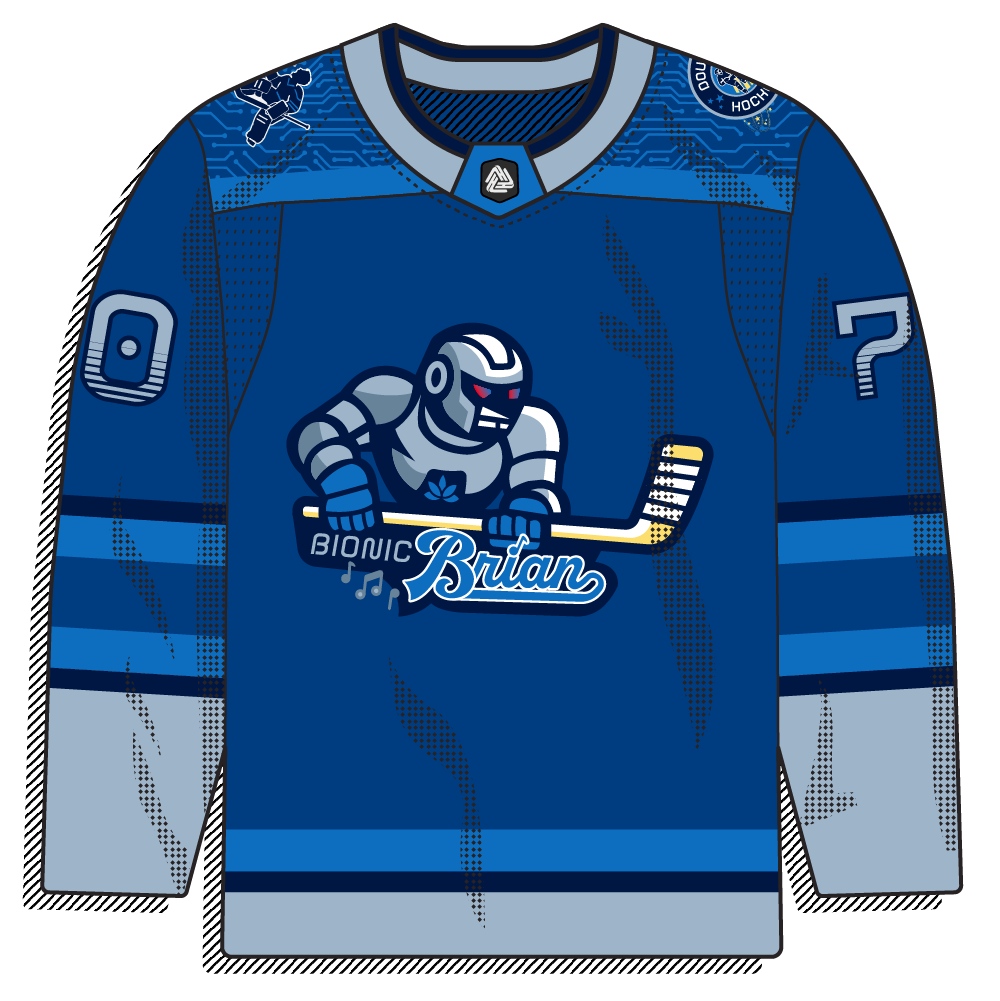 Blue sweater with an illustrated chrome cyborg mascot charging forward with a stick, a "Bionic Brian" logo, and a circuit-board pattern across the shoulders. Modern and illustration-forward.