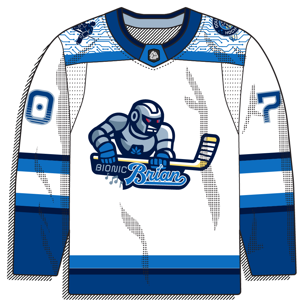 White road version of the cyborg design with blue striping. Same mascot and circuit detailing.