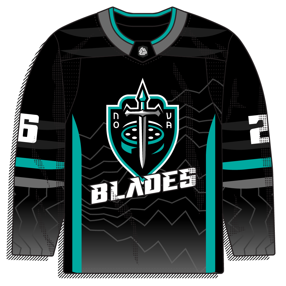 Black gradient sweater with a teal, silver, and black shield crest (a dagger through a puck flanked by "NO/VA") and a "BLADES" wordmark below. Edgy and modern with a zigzag pattern.