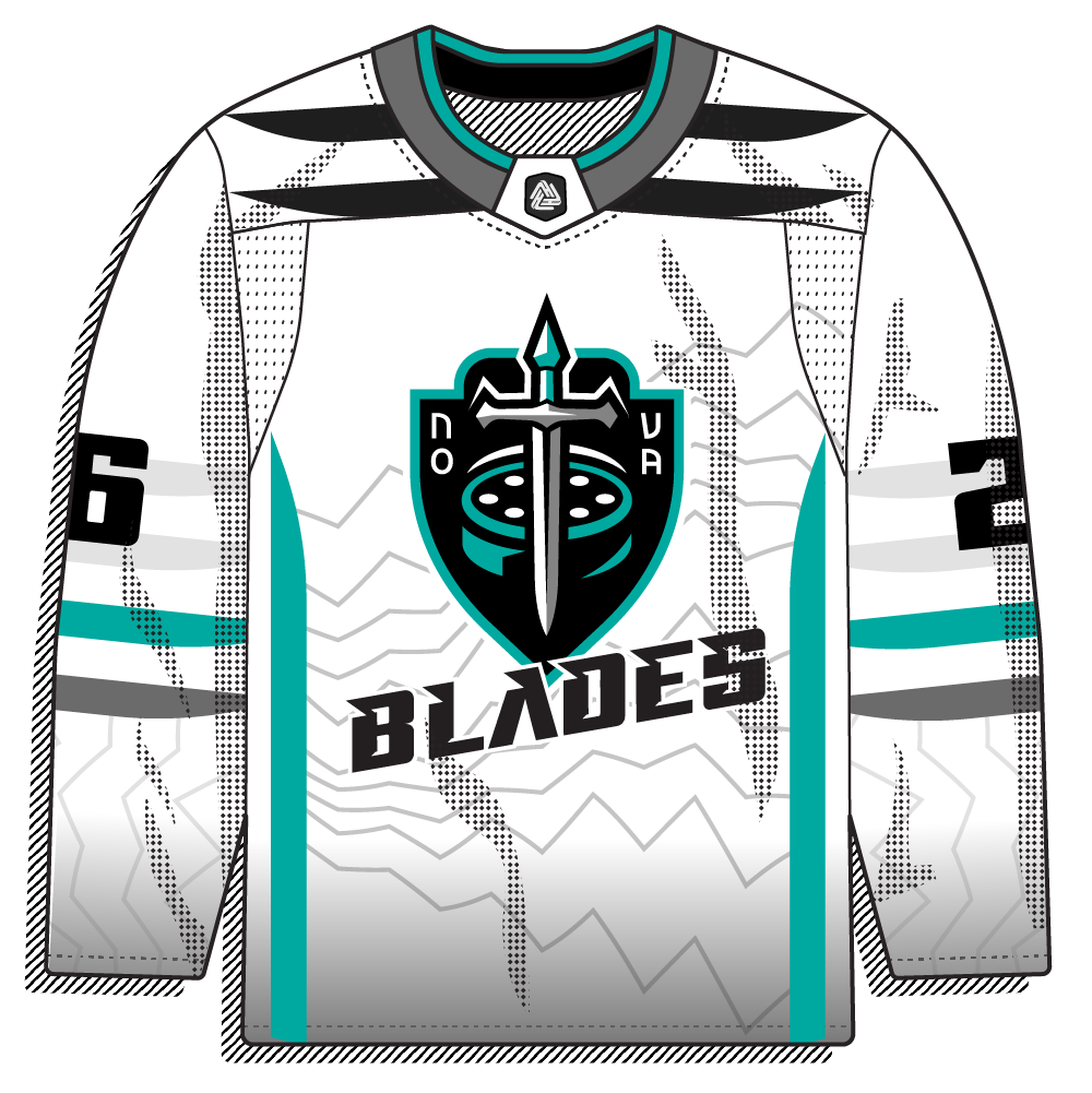 White and grey road version of the same dagger-shield crest and "BLADES" wordmark. Same aggressive modern look.