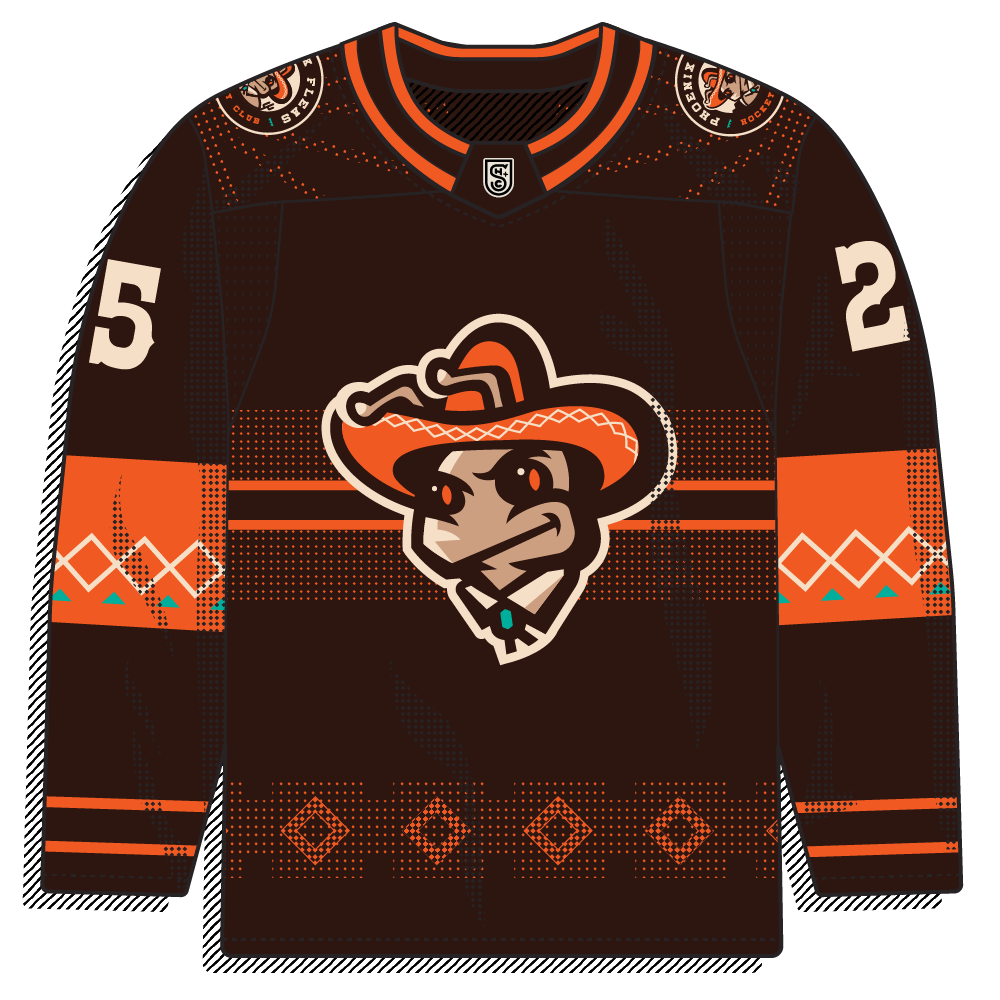Dark brown/black sweater with an illustrated cowboy-flea head in a cowboy hat, orange and cream trim, and a southwestern diamond hem pattern. Detailed mascot, western theme.