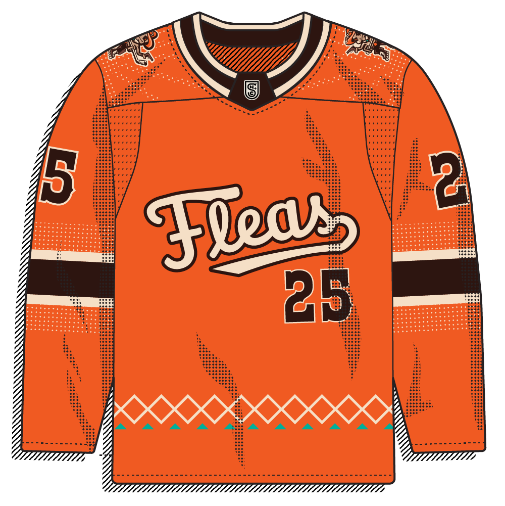 Orange fauxback with a classic "Fleas" baseball script and number, a black stripe, and southwestern chevron trim. Throwback script style, simpler than the mascot jerseys.