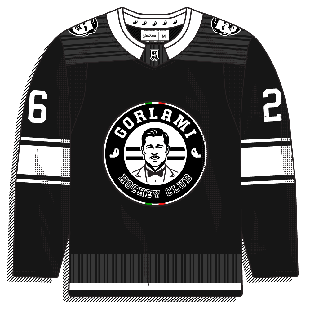 Black sweater with a circular "GORLAMI HOCKEY CLUB" roundel framing an illustrated mustachioed man's face, with small Italian-flag accents. Clean monochrome crest, classic roundel layout.