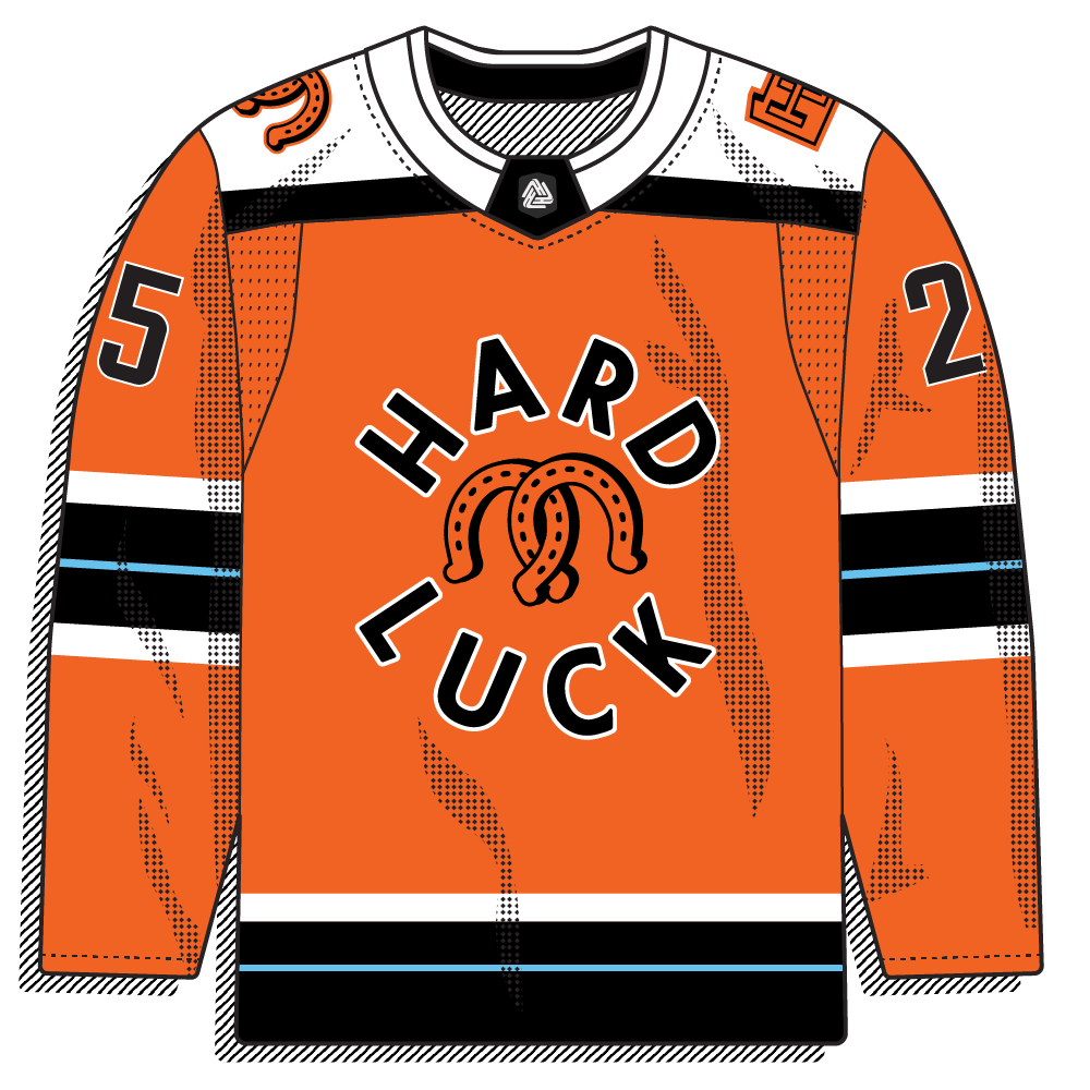 Orange sweater with "HARD" / "LUCK" arched around an illustrated horseshoe, black and white stripes with a light-blue accent. Bold and simple, wordmark-and-icon driven.