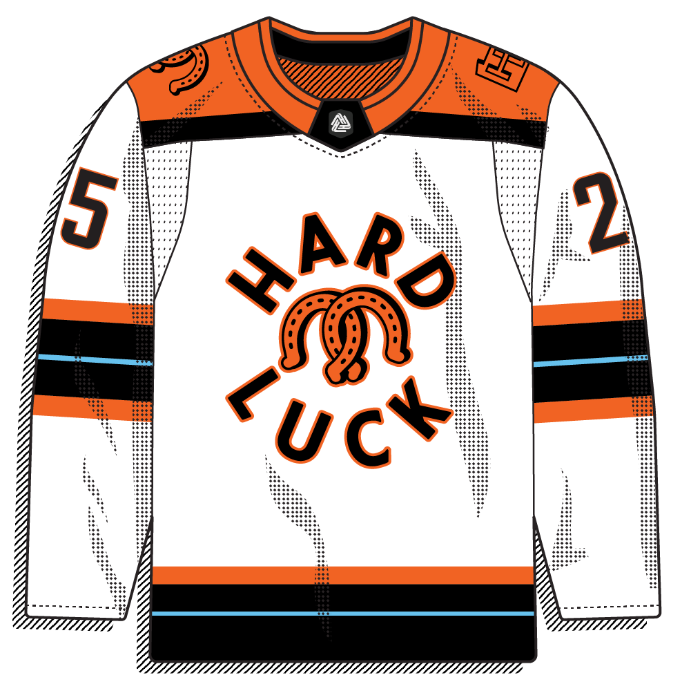 White road version of the horseshoe design with orange and black trim. Same clean modern layout.