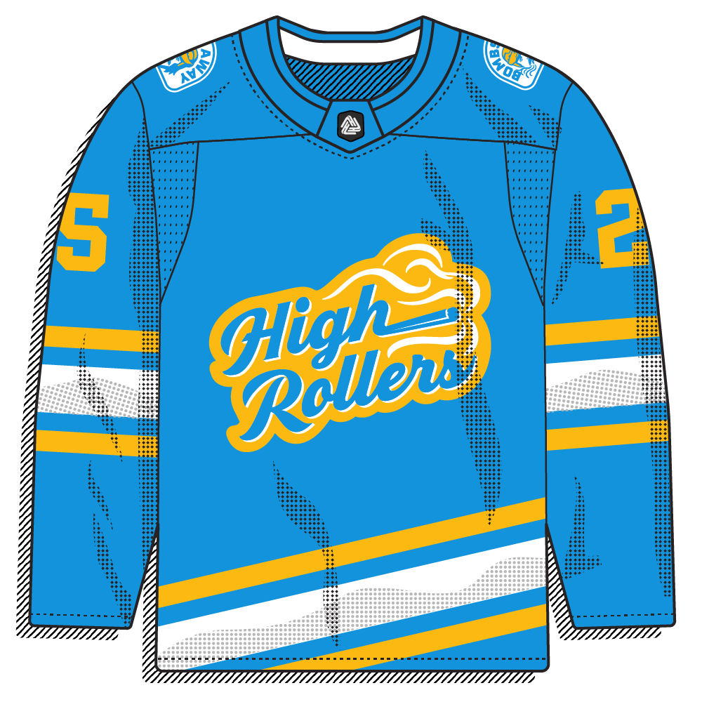 Light-blue sweater with a gold "High Rollers" script and diagonal gold-and-white striping. Energetic and script-forward, slightly retro.