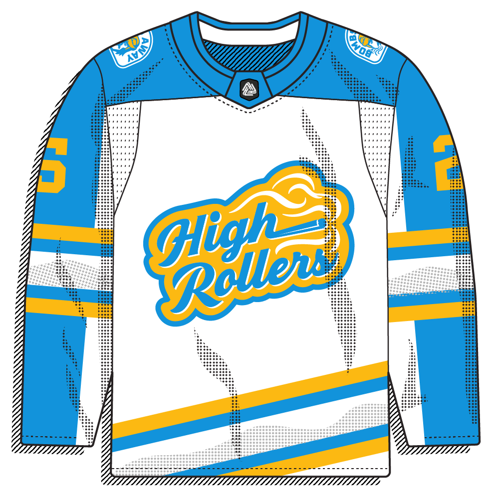 White road version of the "High Rollers" script with blue and gold striping. Same look, lighter base.